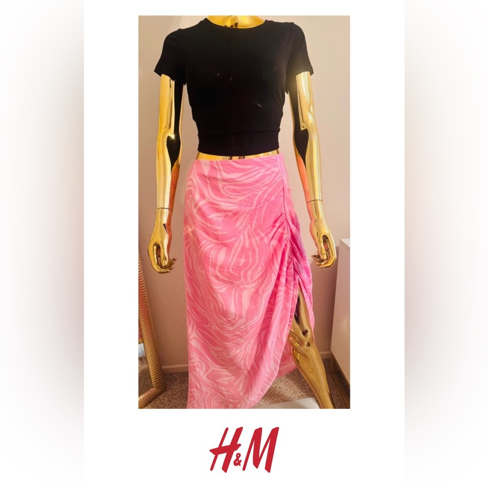 H&M Ruched Side Split Pink Midi Skirt, Size 12, NWT